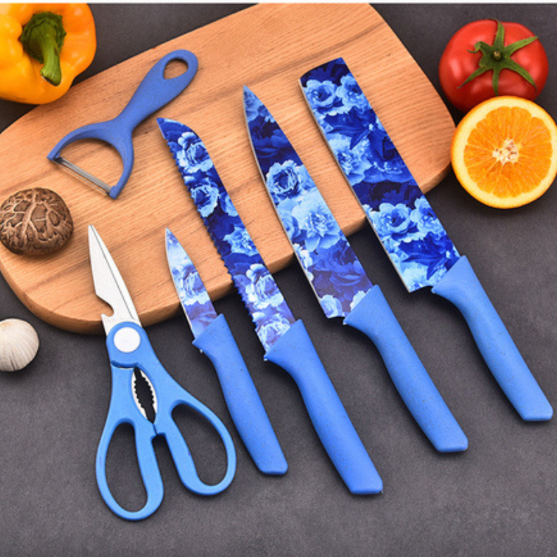 Set De Cuchillos Floreados Juego Premium + Tijera y Pelador 6PCS-2