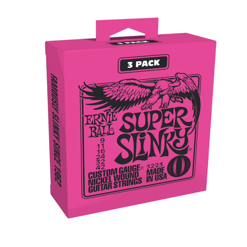 Pack de 3 set de cuerdas Ernie Ball Super Slinky Nickel 9-42 Plateado Metalico
