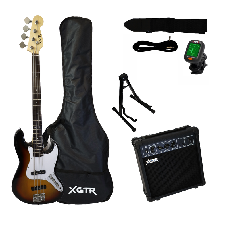 Pack Bajo Eléctrico Jazz Sunburst JB100 SB, Amp 15w XGTR-0