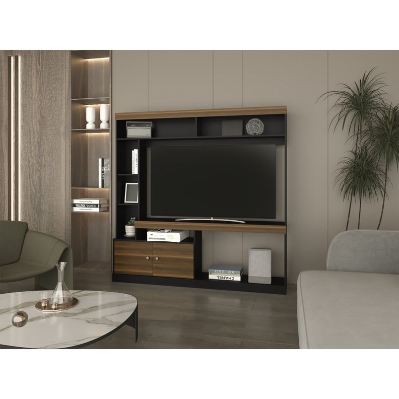 ESTANTE TV  55" CON 2 PUERTAS 7 REPISAS FM-002O CAFÉ OSCURO Y NEGRO-4