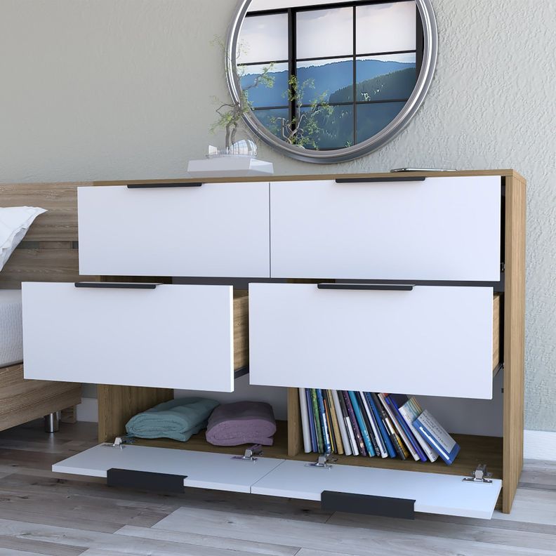 COMODA 4 CAJONES 2 PUERTAS FM-003C - CAFE CLARO Y BLANCO-5