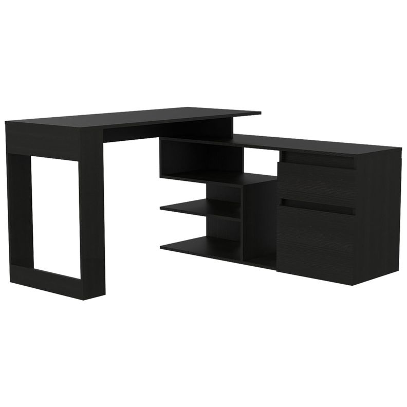 ESCRITORIO EN L 2 CAJONES Y ESTANTES FM-031N NEGRO-0