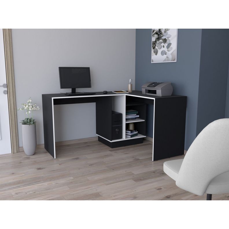 ESCRITORIO EN L CON ESTANTES FM-028N - NEGRO Y BLANCO-5