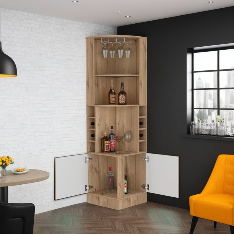 Bar Esquinero Soporte Para Copas Fm-001A - Cafe Claro Y Blanco-4