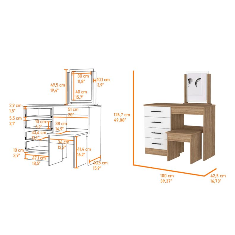 MUEBLE TOCADOR CON ESPEJO Y 4 CAJONES  FM-001C - CAFE CLARO-5