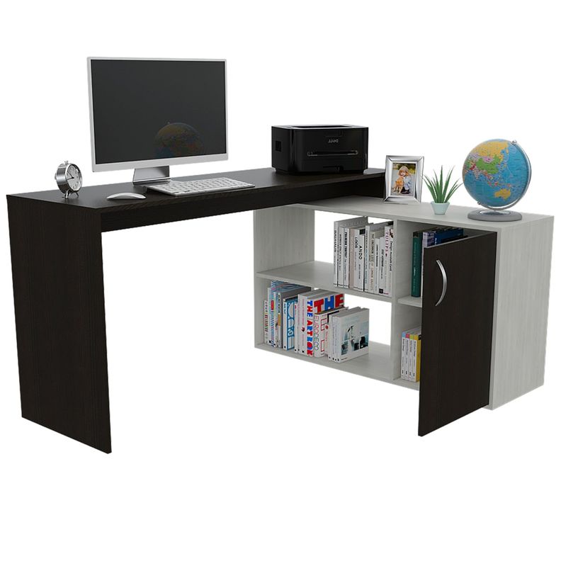ESCRITORIO EN L 1 PUERTA Y ESTANTES  FM-032B BLANCO Y NEGRO-2