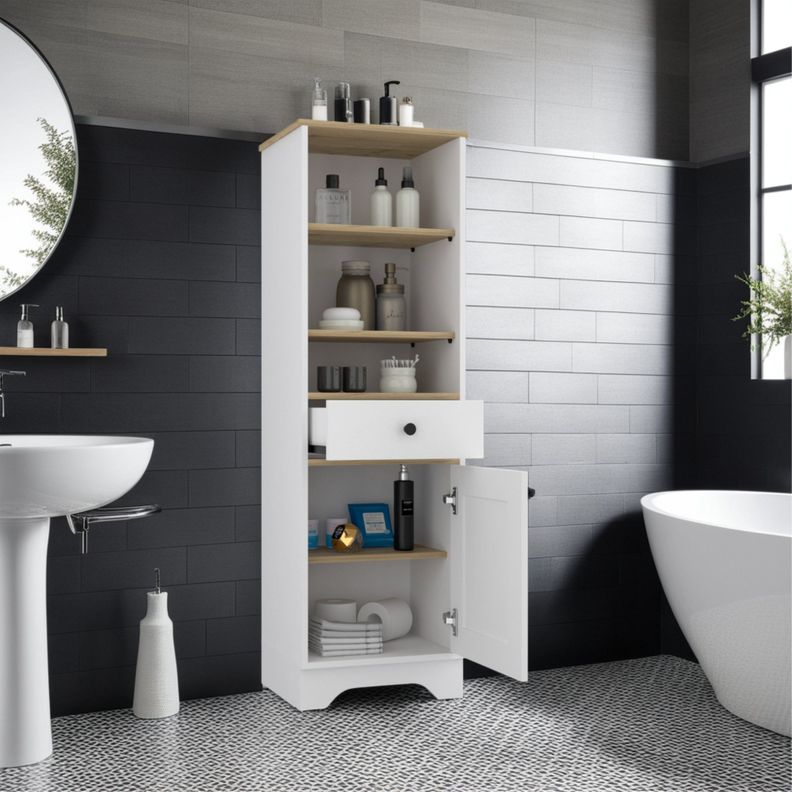 Estante Organzador Baño 1 Puerta 1 Cajon Fm-005C Café Claro Y Blanco-4