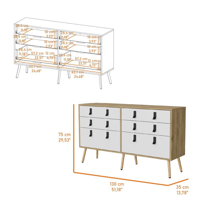 COMODA DOBLE 6 CAJONES FM-014C CAFÉ CLARO Y BLANCO-6