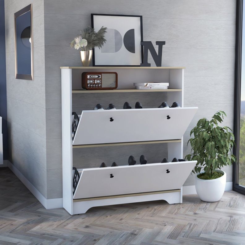 COMODA ZAPATERO 2 PUERTAS FM-017B - BLANCO Y CAFE CLARO-5