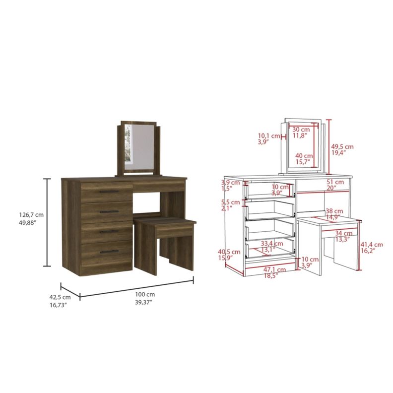 MUEBLE TOCADOR 4 CAJONES 1 BANCA Y ESPEJO FM-001O - CAFÉ OSCURO-4