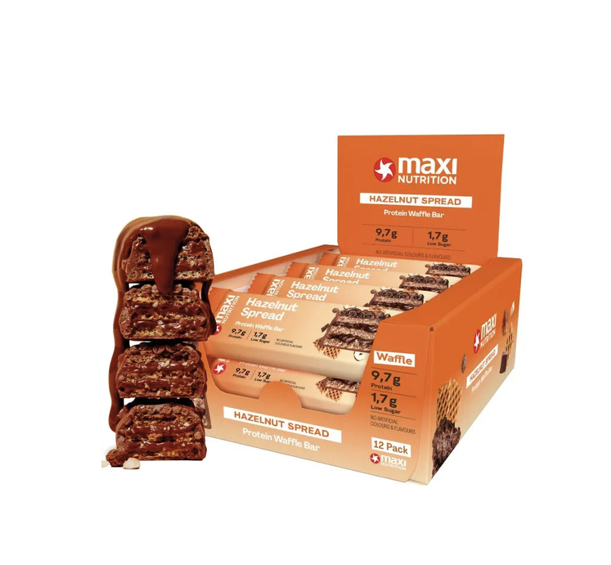 Barra de proteina Maxi Nutrition - Waffle Hazelnut Spread (12 unidades)