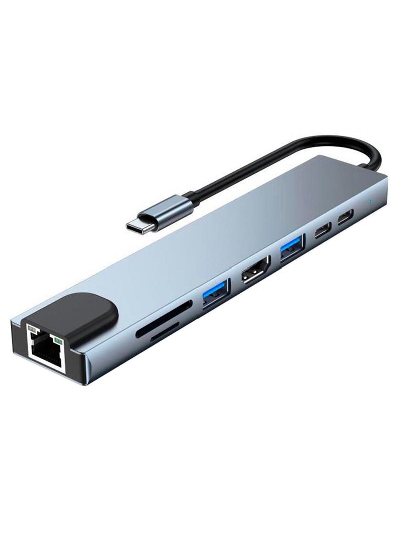 Adaptador USB-C 8 En 1 HDMI+Usb+UsbC+SD+TF+PD+Lan Gris