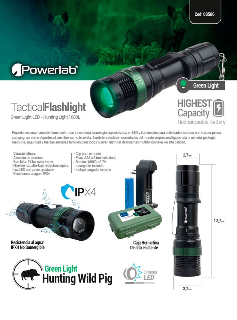 Linterna Powerlab Led Tactica Zoom 1000 Lm Luz Verde 8506-5