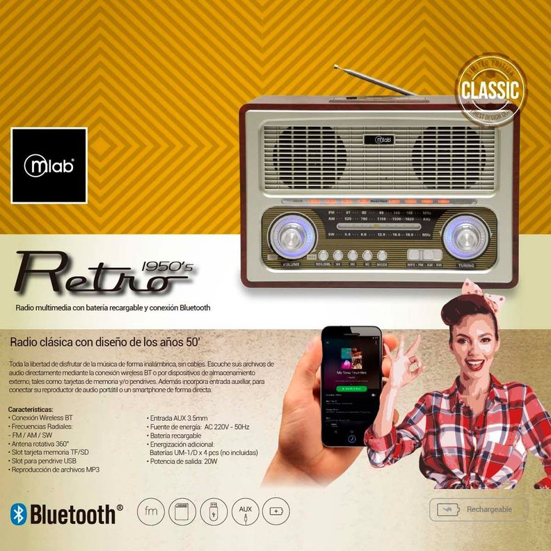 Radio AM FM vintage Reproductor Bluetooth Retro Classic 7809-2