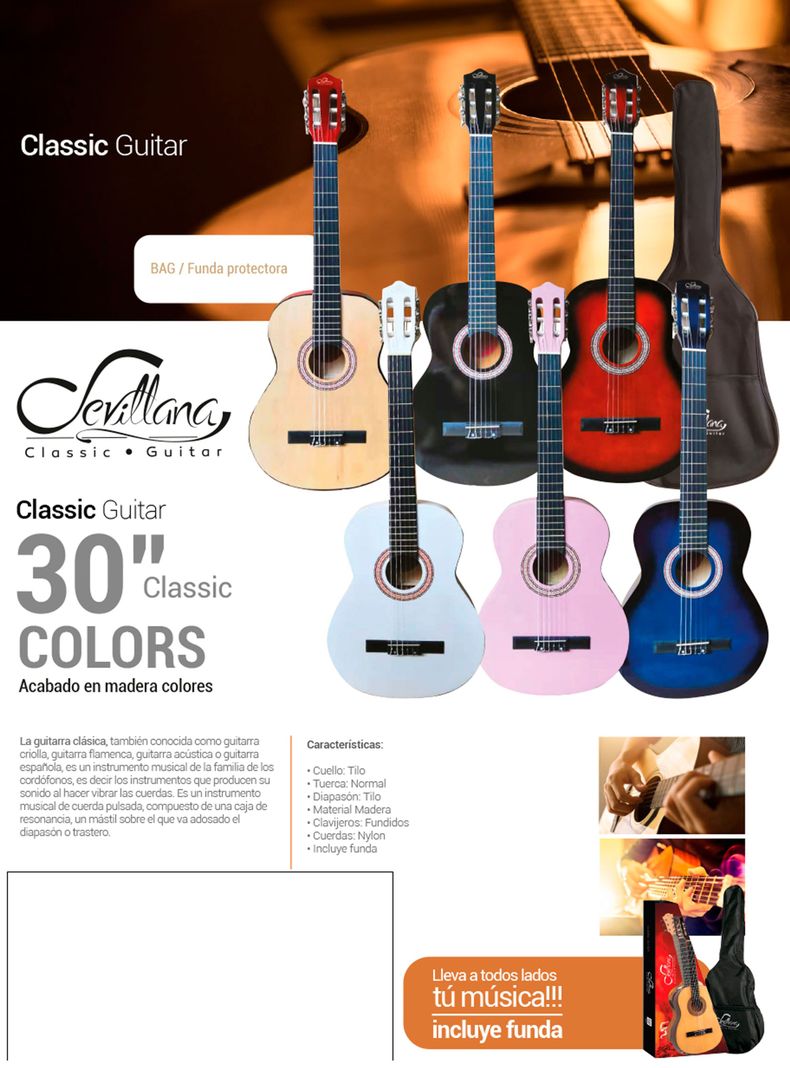 Guitarra Clasica De Niño 30 Pulga Madera Con Funda Sevillana-4