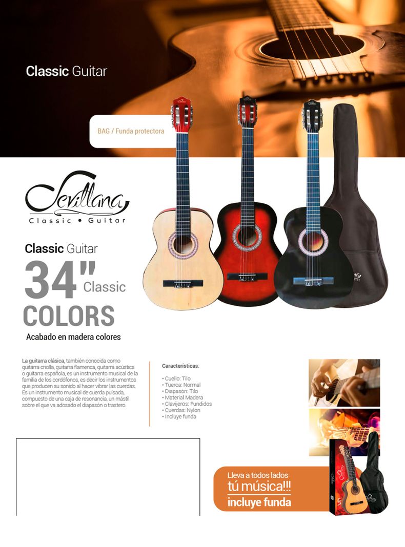 Guitarra Clasica Mediana 34 Pulga Madera Con Funda Sevillana-4