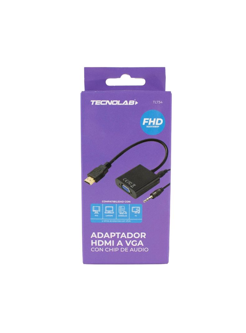 Adaptador conversor HDMI A VGA Full HD Salia de Audio Negro