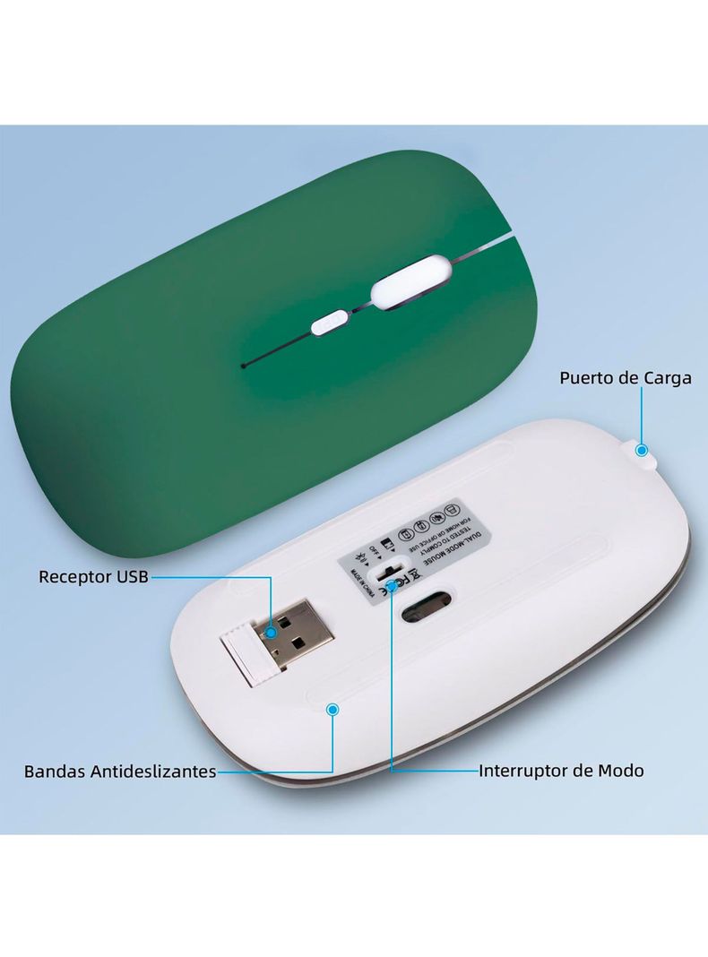 Mouse Inalambrico Recargable Bluetooth Receptor USB Verde-1