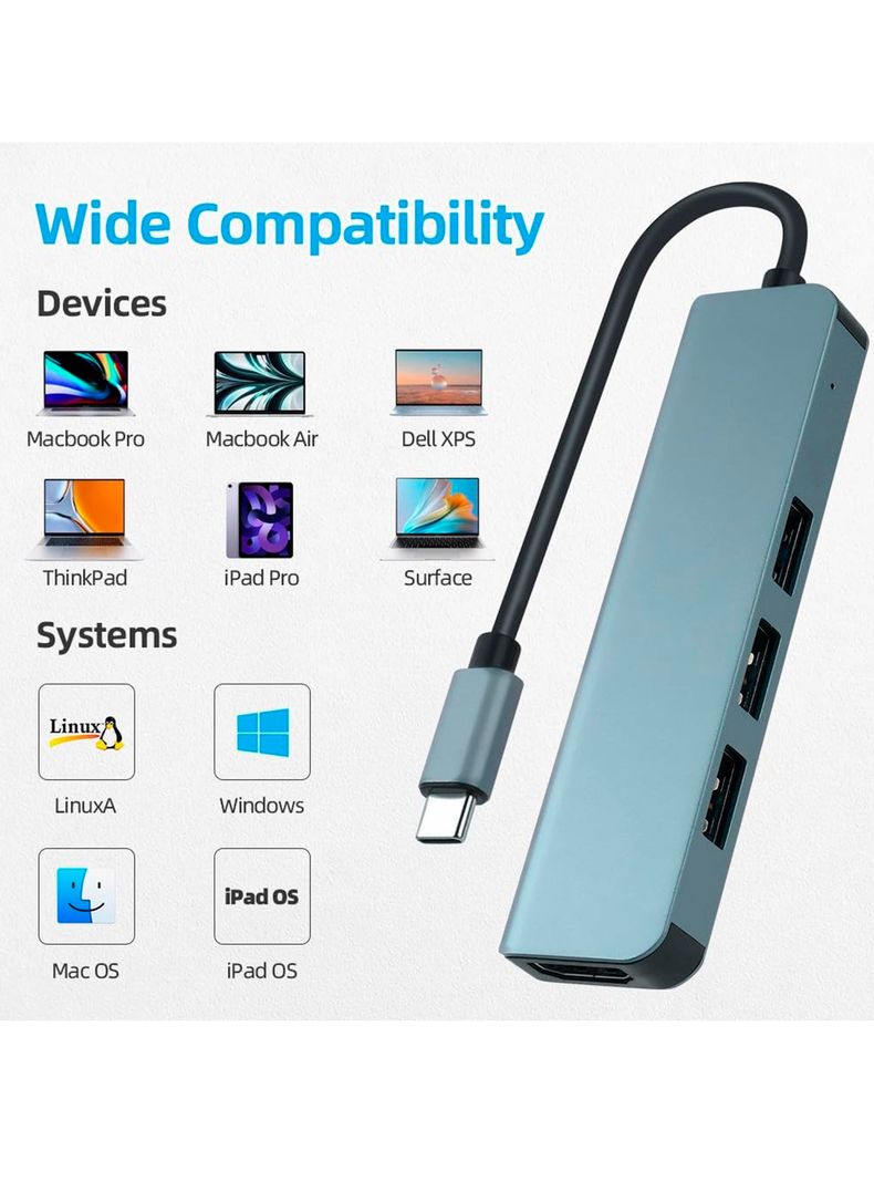 Adaptador Tipo C 4 En 1 Hd Suport 4k+ 2Usb2.0+ Usb3-3