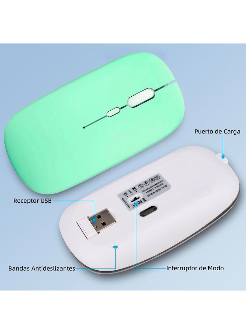 Mouse Inalambrico Recargable Bluetooth Receptor USB Turquesa-1