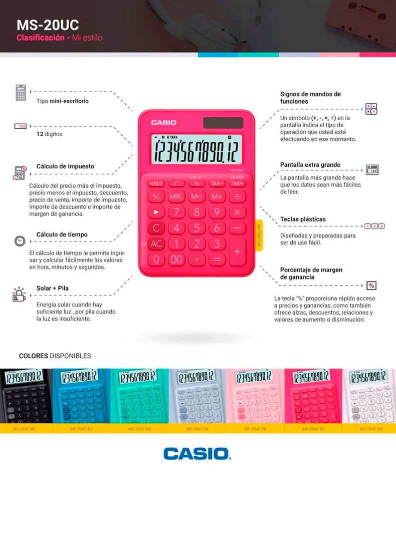 Calculadora Portatil Con Panel Solar 12 Digitos MS-20UC-RD-1