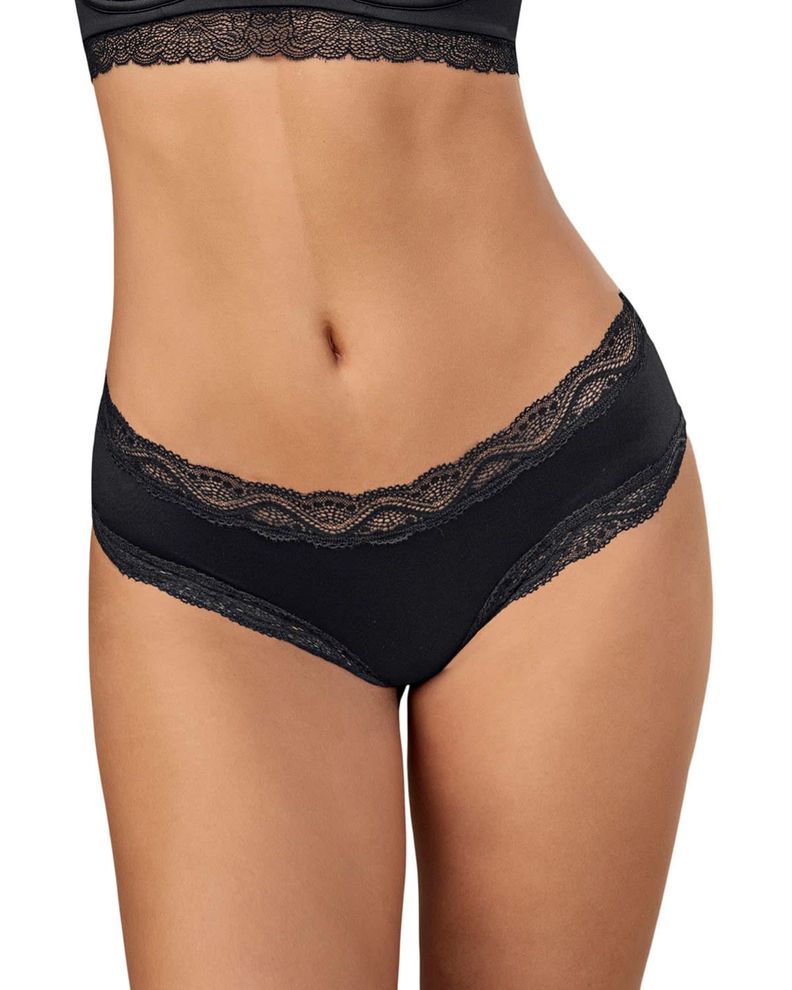 Calzon Hipster tiro medio en tela lisa y encaje 092044 Negro S