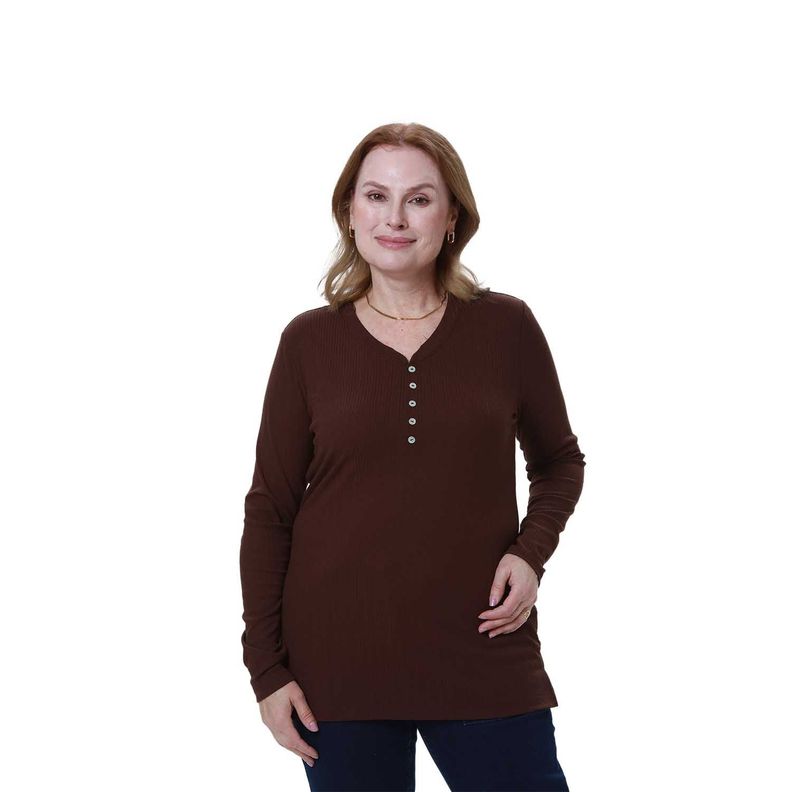Polera Mujer Cuello V Rib Cafe Oscuro Fashion's Park-0