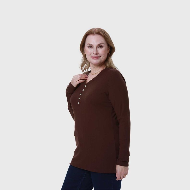 Polera Mujer Cuello V Rib Cafe Oscuro Fashion's Park-1
