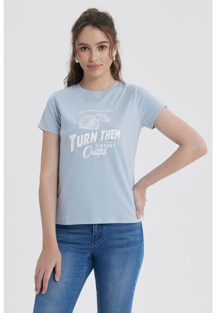 Polera Mujer Básica Print Celeste