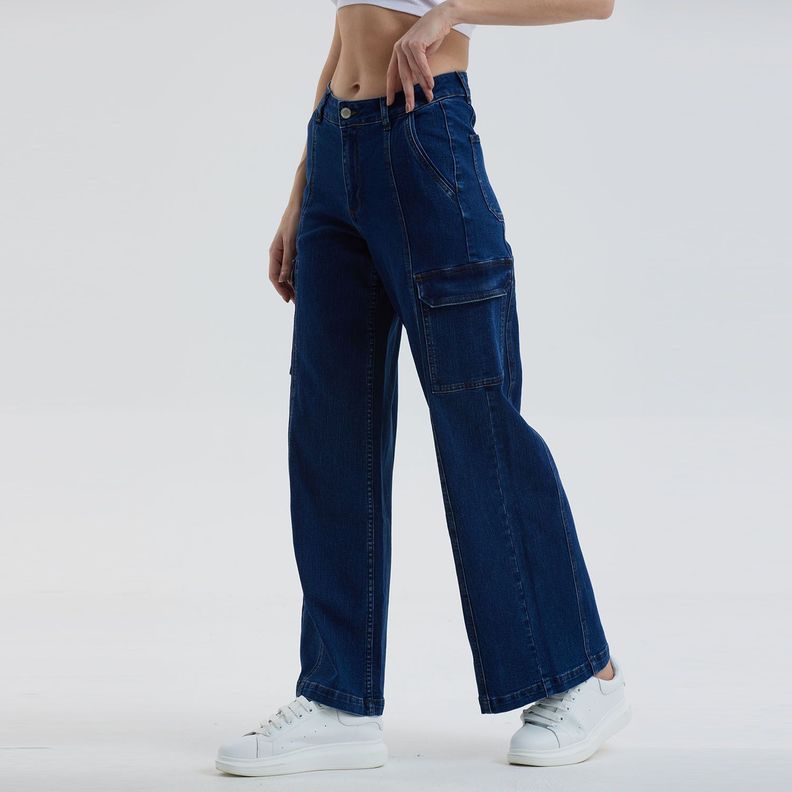 Jeans Mujer Wide Leg Cargo Azul Oscuro Fashion´s Park-1