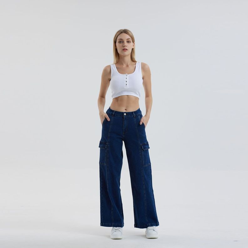 Jeans Mujer Wide Leg Cargo Azul Oscuro Fashion´s Park-3