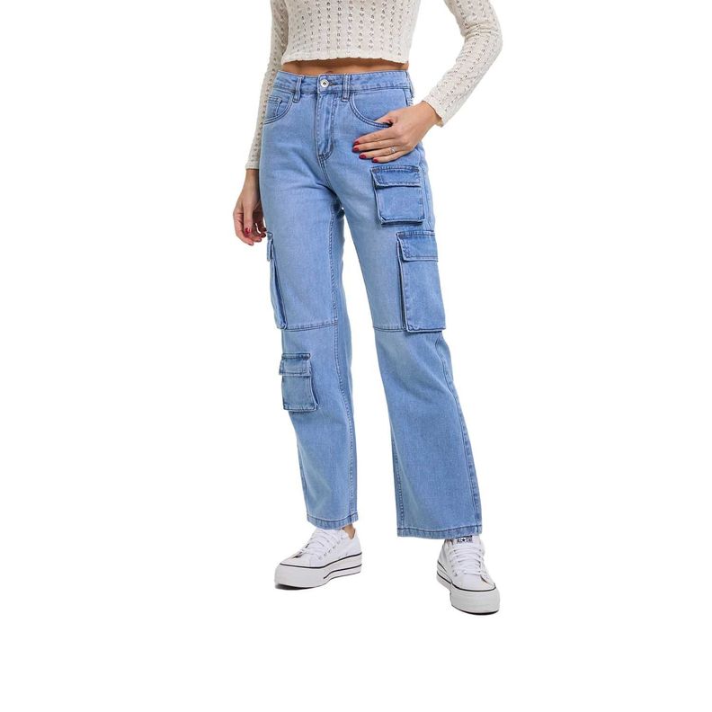 Jeans Mujer Calce Recto Cargo Azul Claro Fashion's Park-0