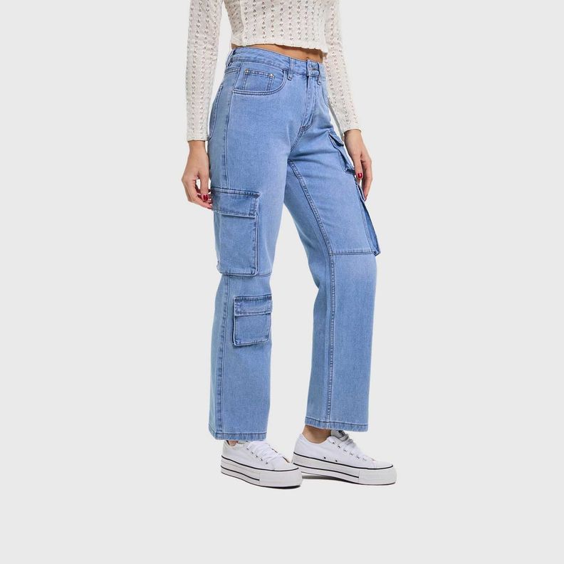 Jeans Mujer Calce Recto Cargo Azul Claro Fashion's Park-1
