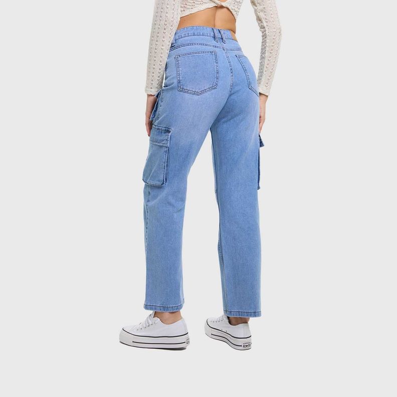 Jeans Mujer Calce Recto Cargo Azul Claro Fashion's Park-2