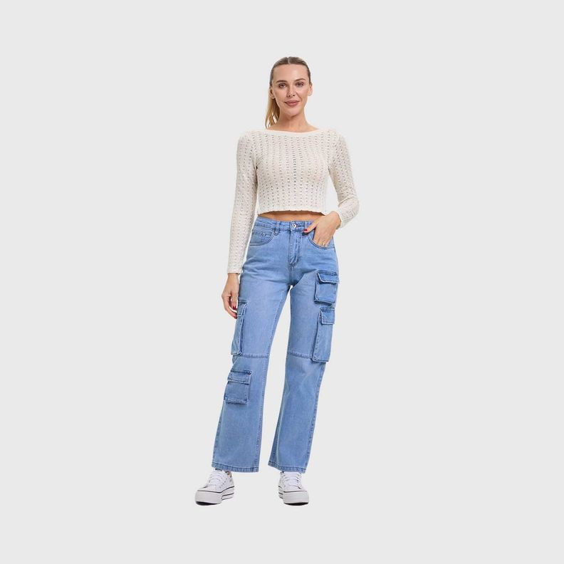 Jeans Mujer Calce Recto Cargo Azul Claro Fashion's Park-3