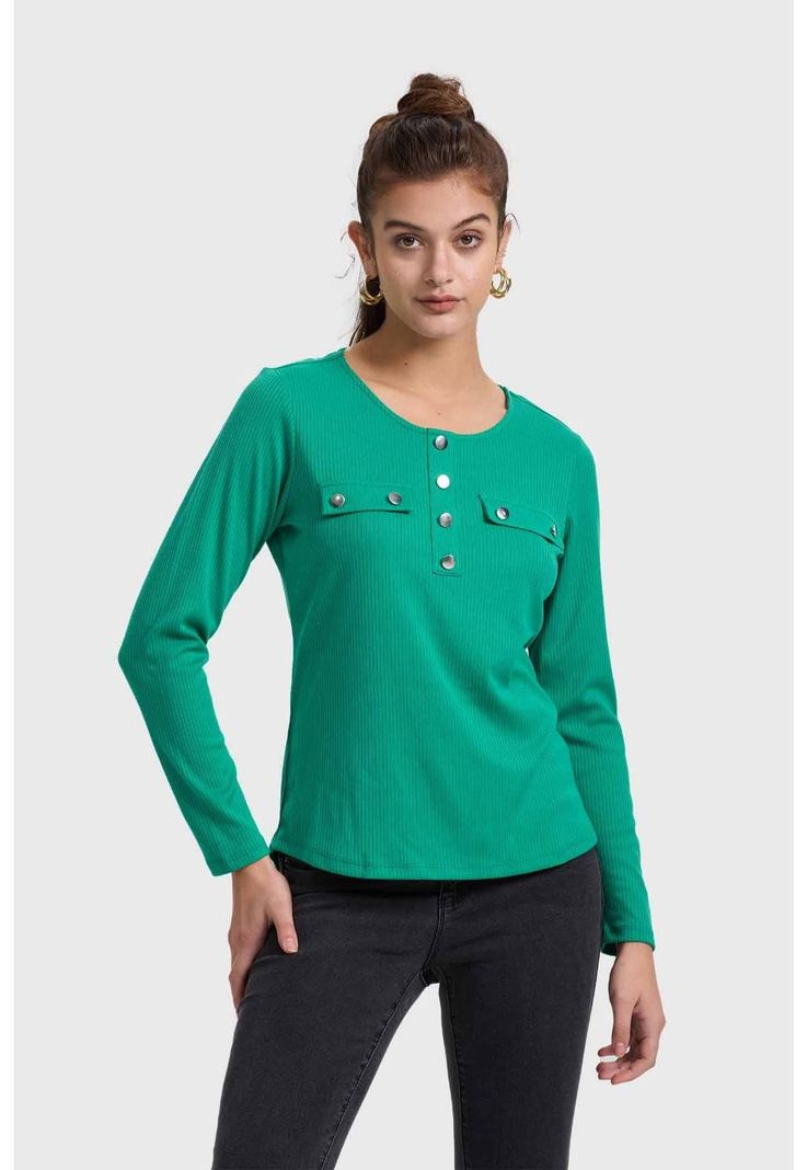 Polera Mujer Pata Botón Rib Verde