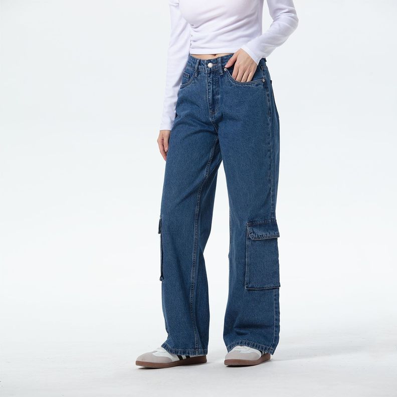 Jeans Mujer Wide Leg Cargo B Azul-1
