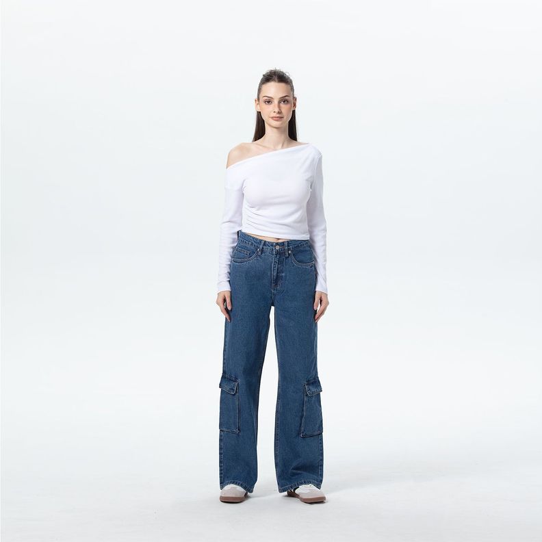 Jeans Mujer Wide Leg Cargo B Azul-3