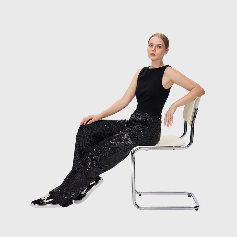 Pantalón Mujer Lentejuelas Cargo Negro Fashion's Park-1