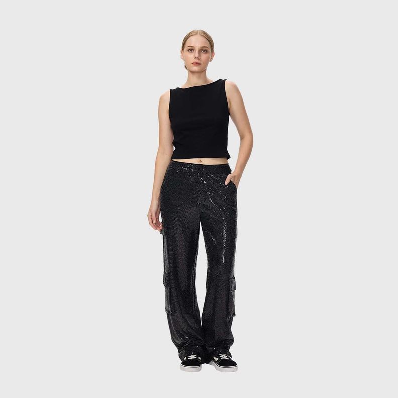 Pantalón Mujer Lentejuelas Cargo Negro Fashion's Park-3