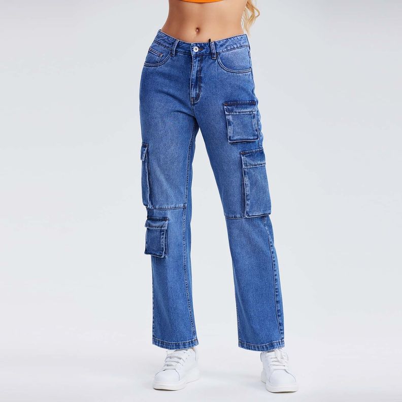 Jeans Recto Cargo Azul Claro Mujer-0