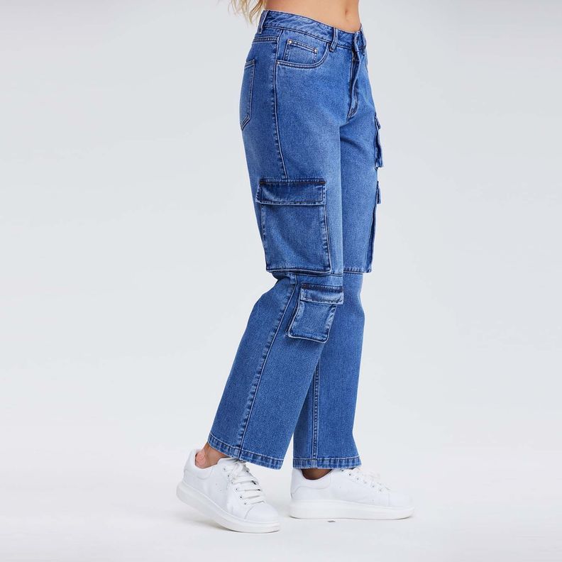 Jeans Recto Cargo Azul Claro Mujer-1