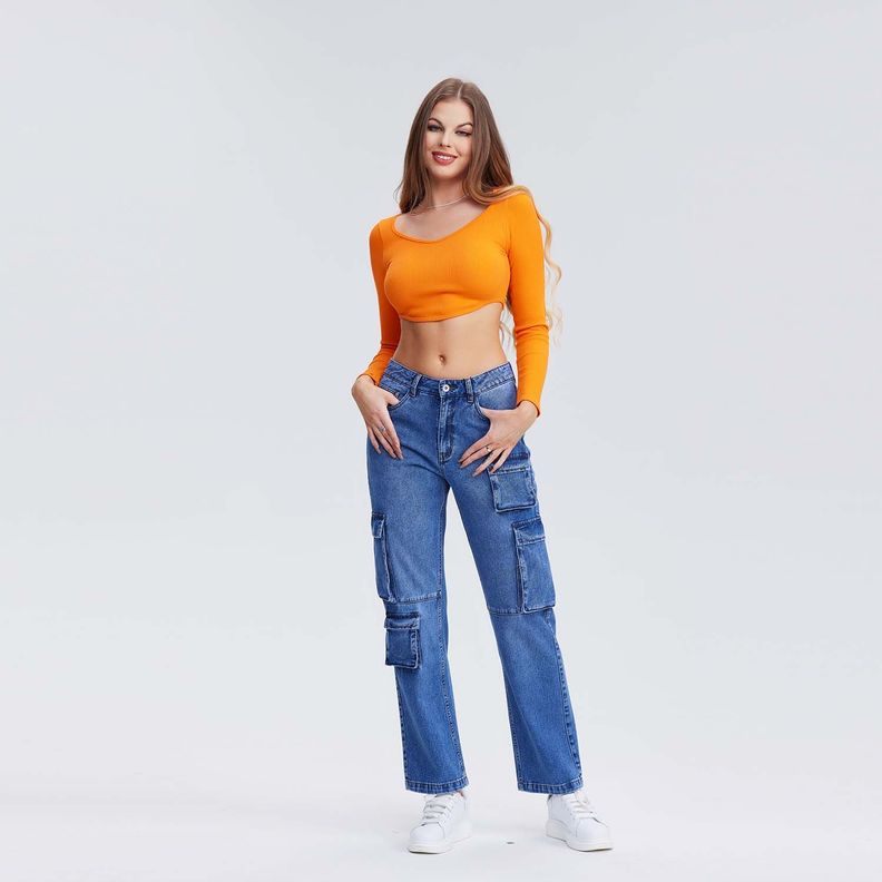 Jeans Recto Cargo Azul Claro Mujer-3