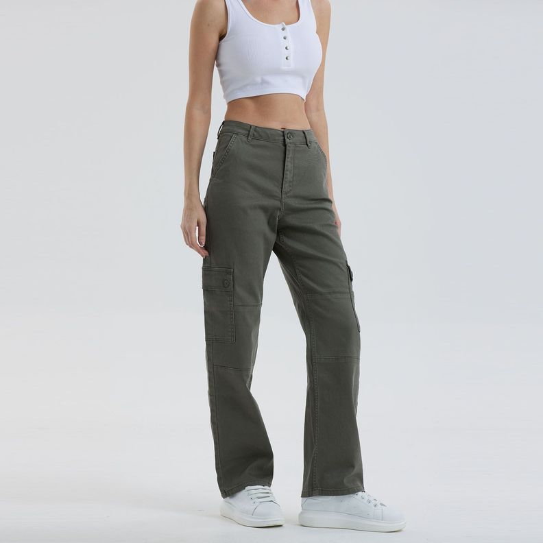 Jeans Recto Cargo Verde Militar Mujer-0