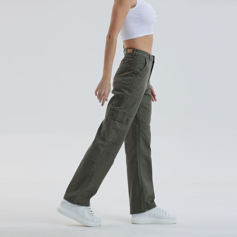 Jeans Recto Cargo Verde Militar Mujer-1