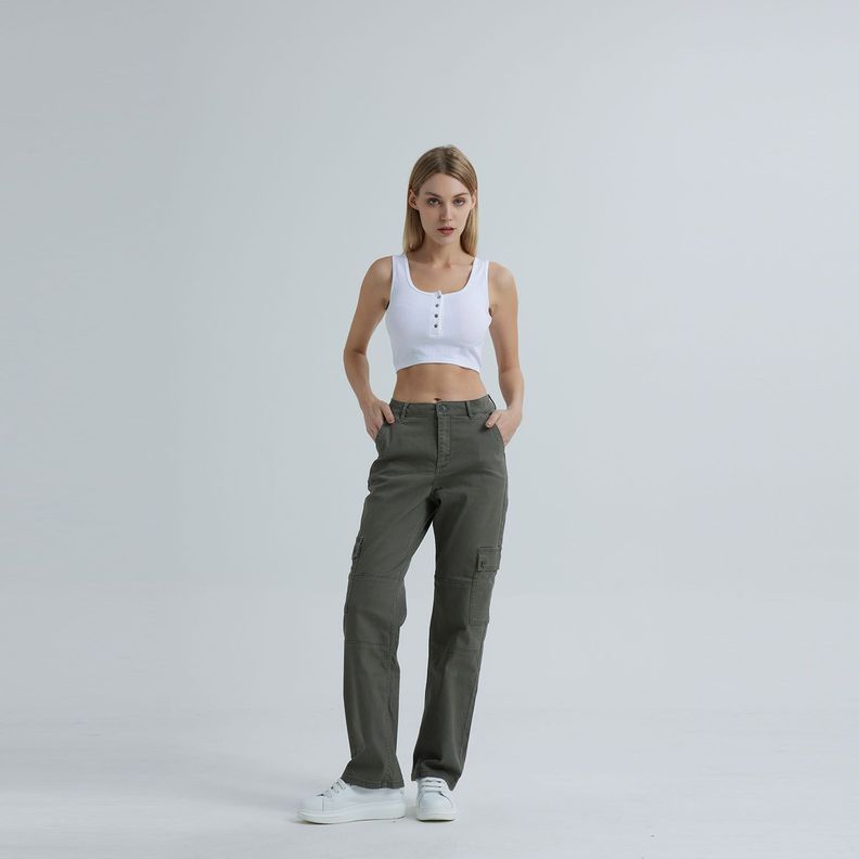 Jeans Recto Cargo Verde Militar Mujer-3