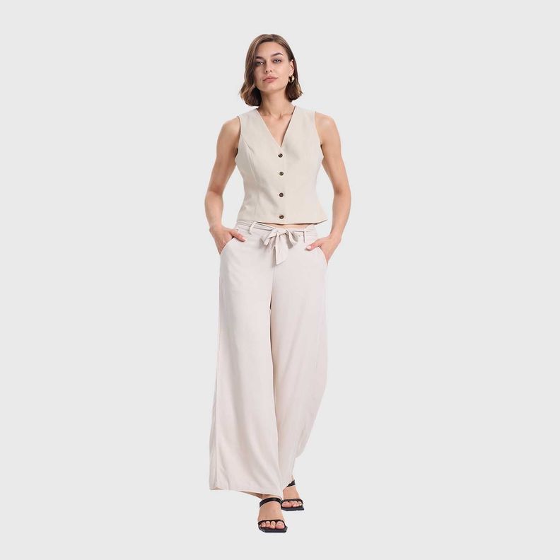 Pantalón Mujer Palazzo Liso Elasticada Crema Fashion's Park-3