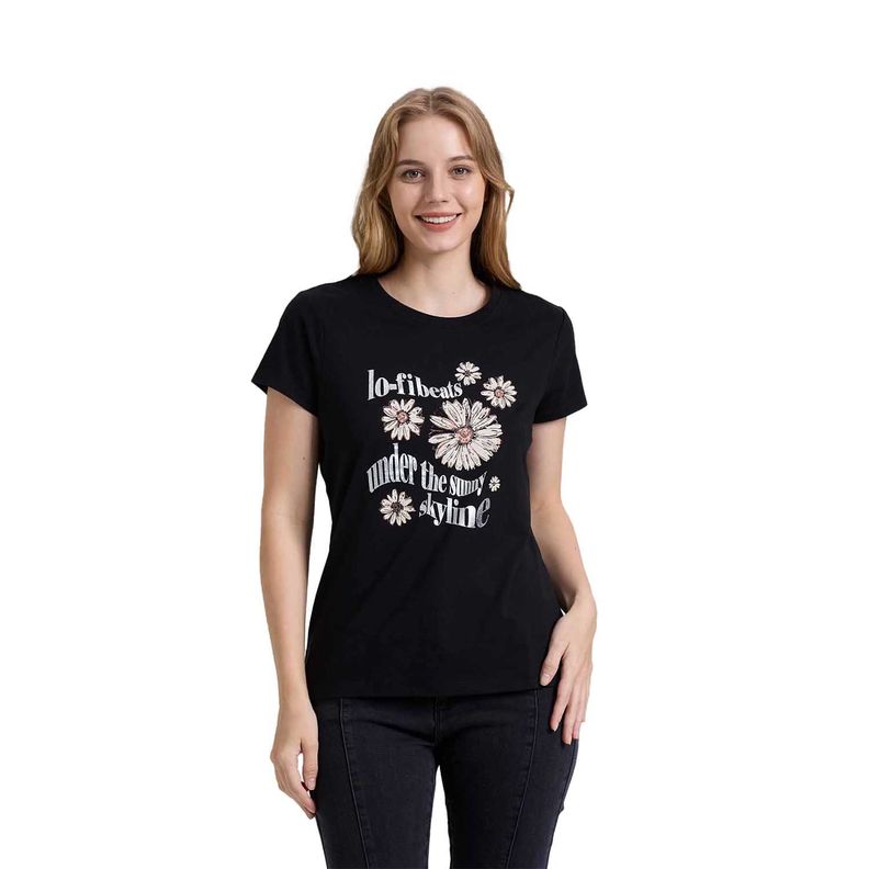 Polera Mujer Básica Print Negro / Blanco Fashion's Park-0