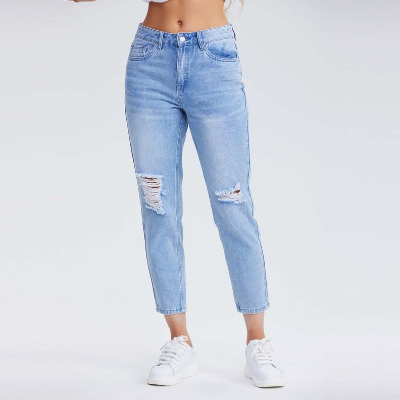 Jeans Mujer Mom Roturas Azul Claro-0