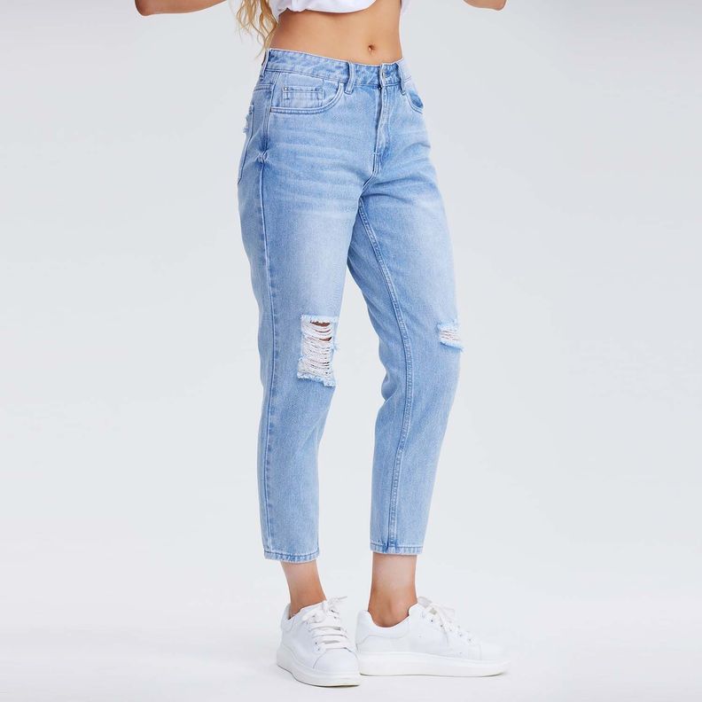 Jeans Mujer Mom Roturas Azul Claro-1